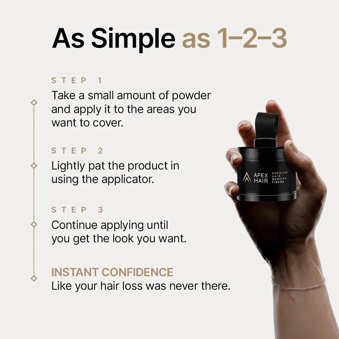 Three steps to apply APEX HAIR powder: take a small amount, pat with the applicator, build until covered.